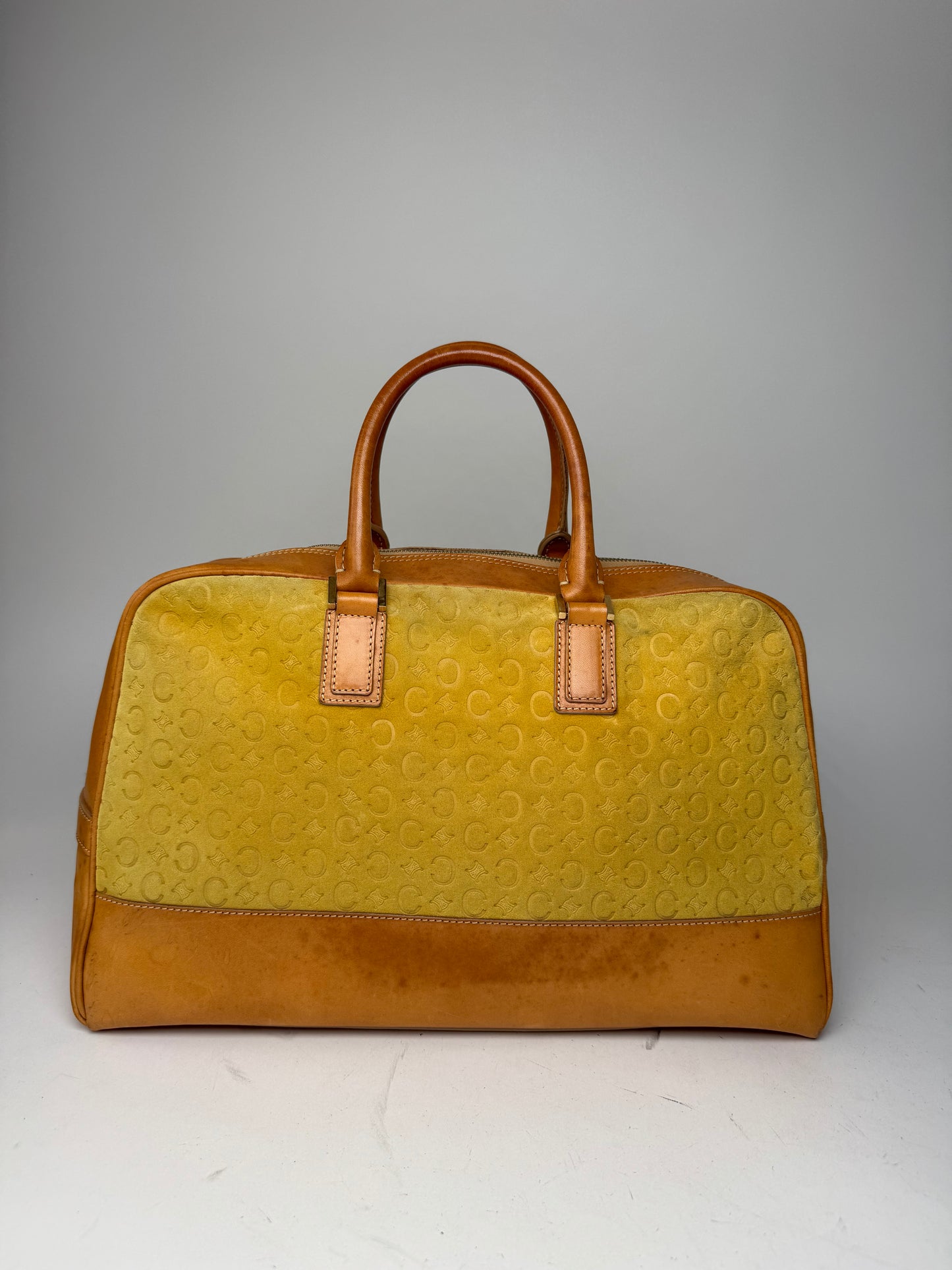Vintage Celine Paris Macadam Monogram Weekender Duffel Bag Brown Yellow