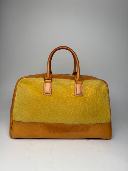 Vintage Celine Paris Macadam Monogram Weekender Duffel Bag Brown Yellow