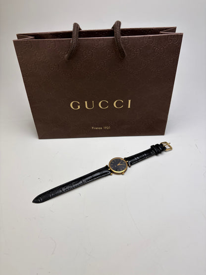 Vintage Gucci Stainless Steel Leather Strap Watch Black Gold
