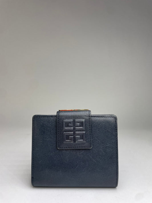 Vintage Givenchy 4G Logo Grained Leather Bifold Wallet Late 1970s Navy