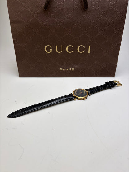 Vintage Gucci Stainless Steel Leather Strap Watch Black Gold