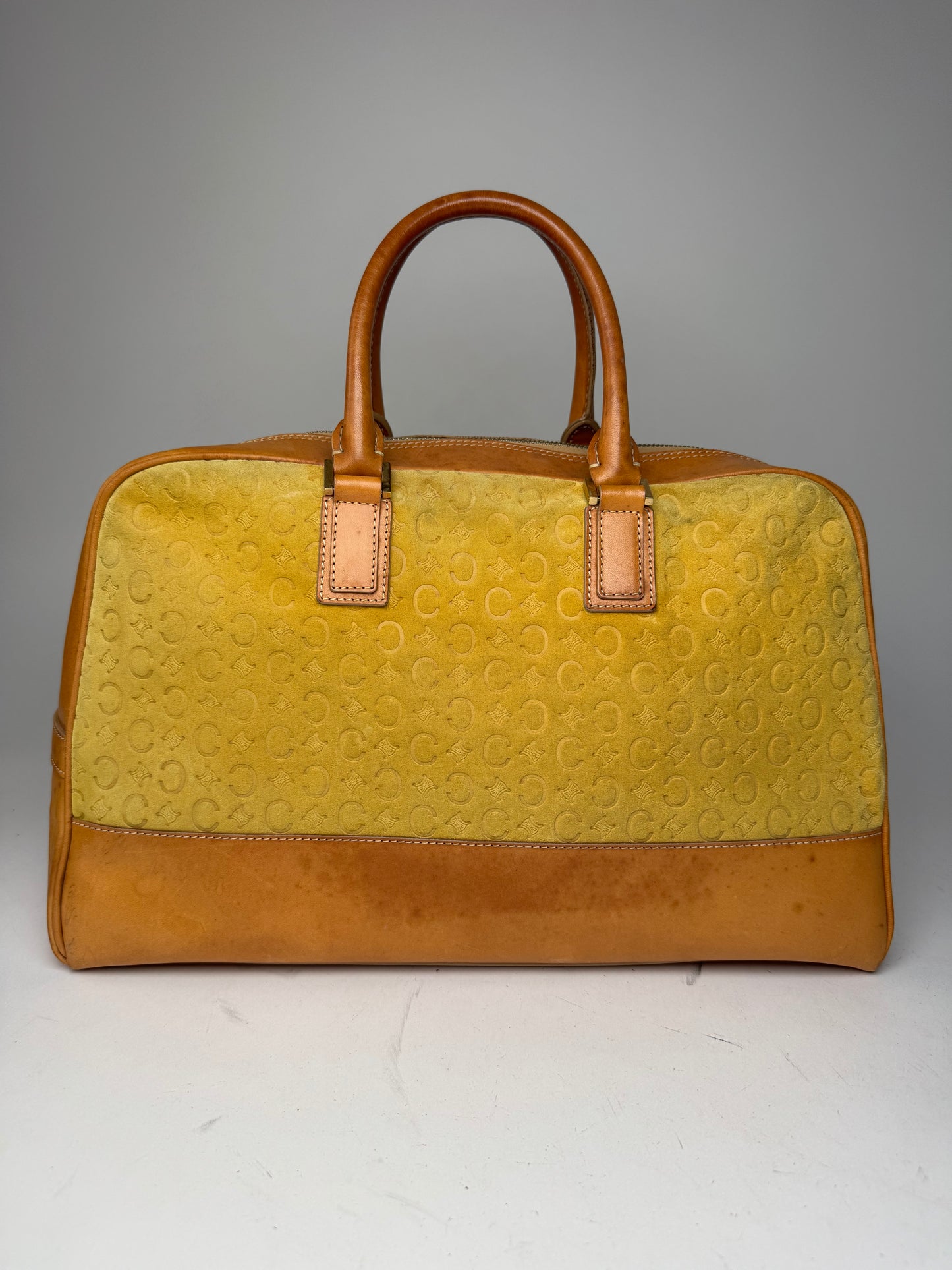 Vintage Celine Paris Macadam Monogram Weekender Duffel Bag Brown Yellow