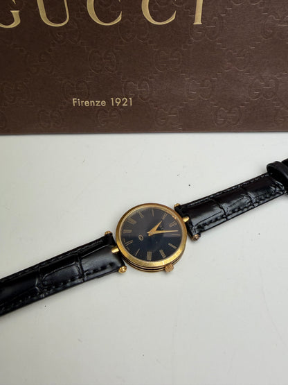 Vintage Gucci Stainless Steel Leather Strap Watch Black Gold