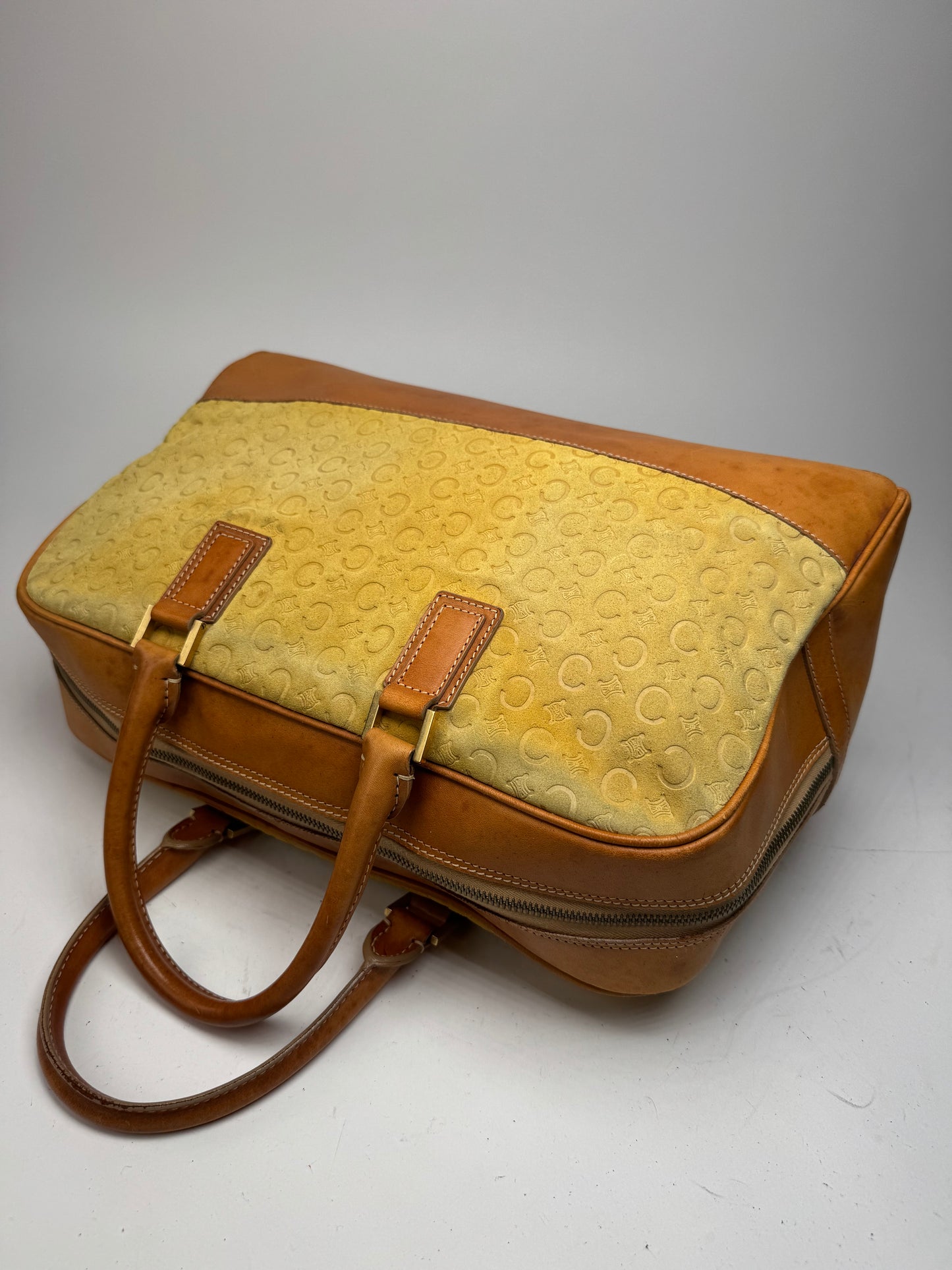 Vintage Celine Paris Macadam Monogram Weekender Duffel Bag Brown Yellow