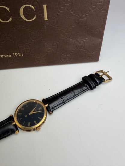 Vintage Gucci Stainless Steel Leather Strap Watch Black Gold