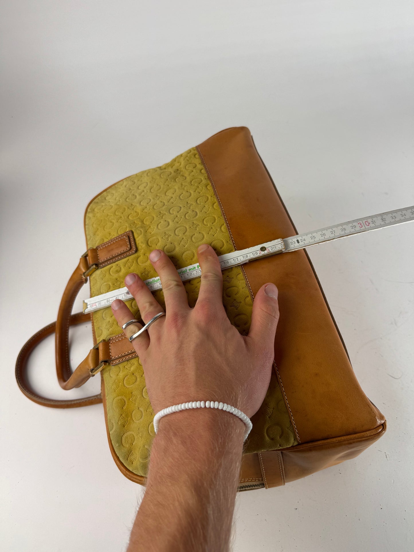 Vintage Celine Paris Macadam Monogram Weekender Duffel Bag Brown Yellow