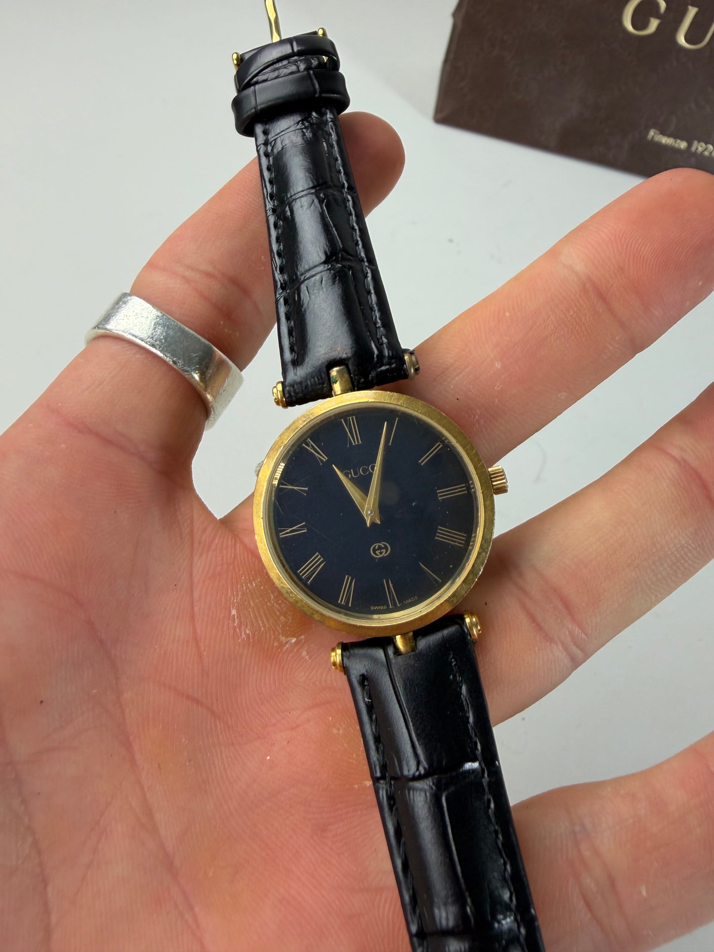 Vintage Gucci Stainless Steel Leather Strap Watch Black Gold