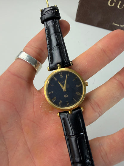 Vintage Gucci Stainless Steel Leather Strap Watch Black Gold