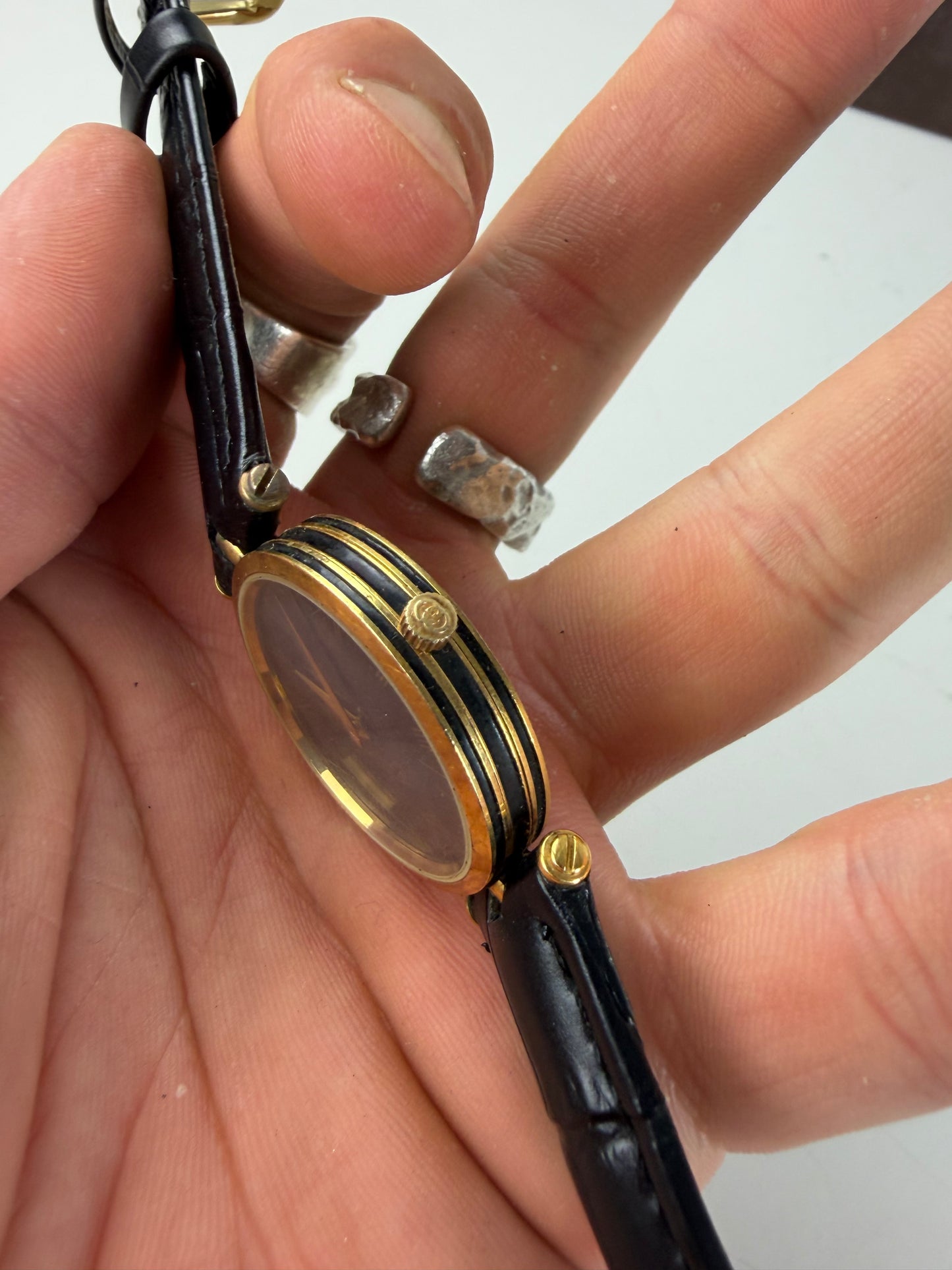 Vintage Gucci Stainless Steel Leather Strap Watch Black Gold