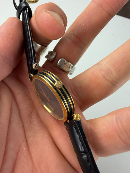 Vintage Gucci Stainless Steel Leather Strap Watch Black Gold