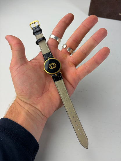 Vintage Gucci Stainless Steel Leather Strap Watch Black Gold