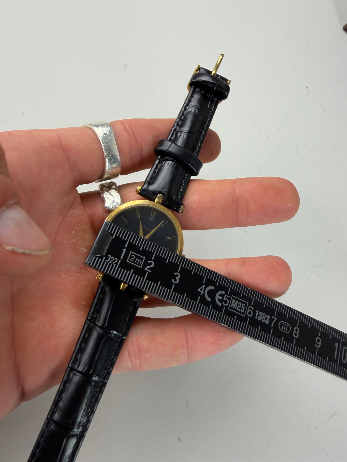 Vintage Gucci Stainless Steel Leather Strap Watch Black Gold