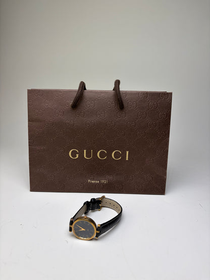 Vintage Gucci Stainless Steel Leather Strap Watch Black Gold