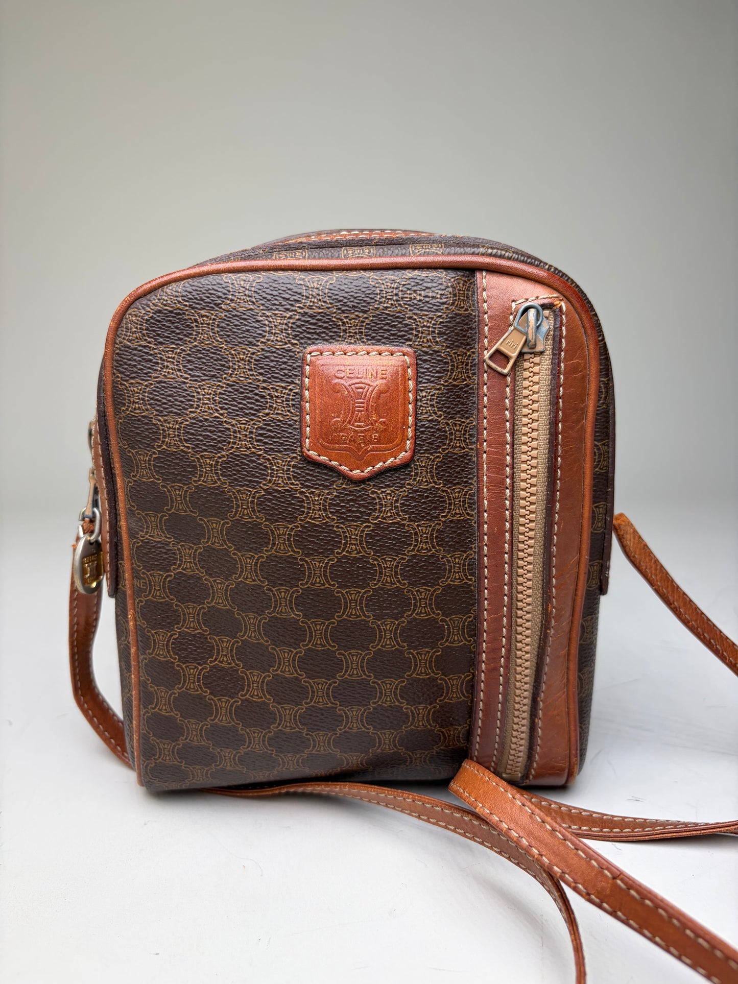 Vintage Celine Coated Canvas Crossbody Bag Brown Tan