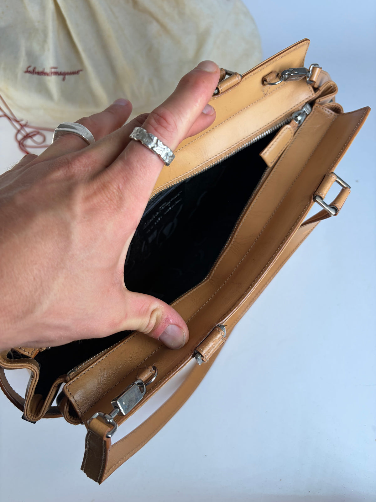 Vintage Salvatore Ferragamo Structured Leather Top-Handle Bag Late 2000s Tan