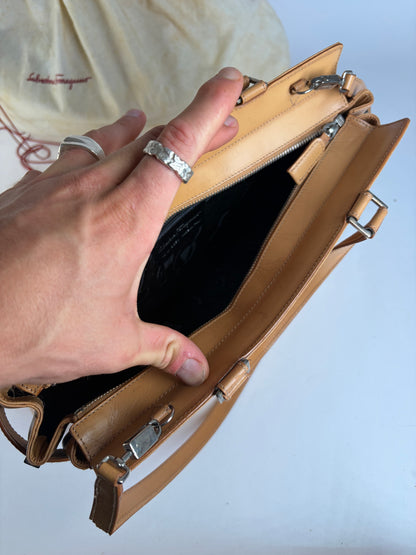 Vintage Salvatore Ferragamo Structured Leather Top-Handle Bag Late 2000s Tan