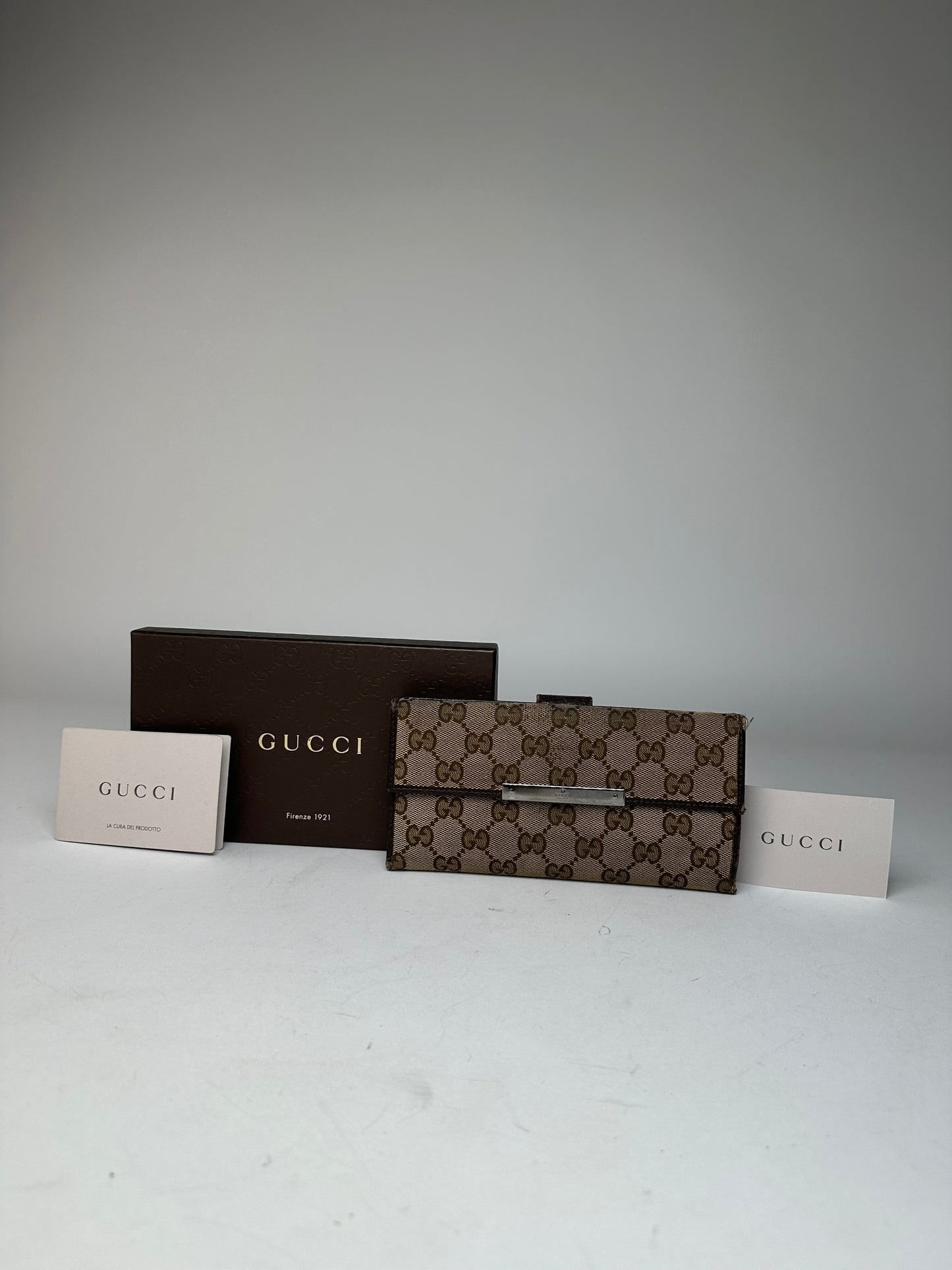 Vintage Gucci Canvas Leather Monogram Long Wallet Beige Brown