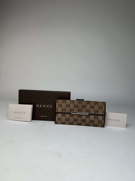 Vintage Gucci Canvas Leather Monogram Long Wallet Beige Brown