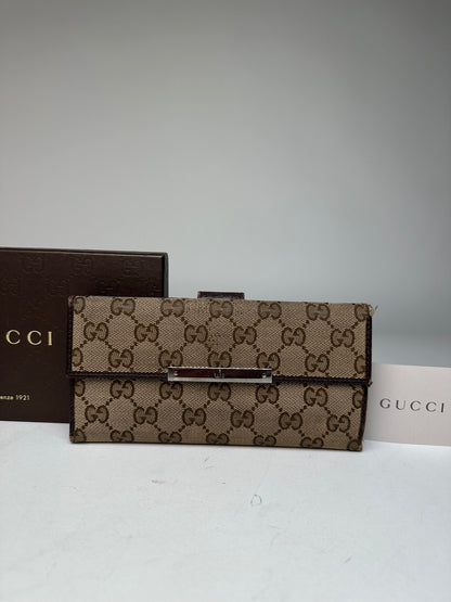 Vintage Gucci Canvas Leather Monogram Long Wallet Beige Brown