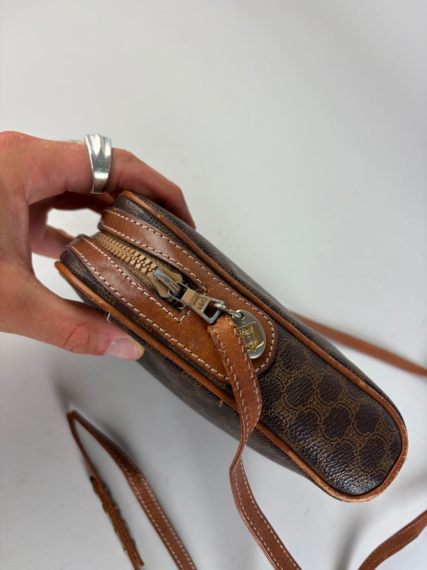 Vintage Celine Coated Canvas Crossbody Bag Brown Tan