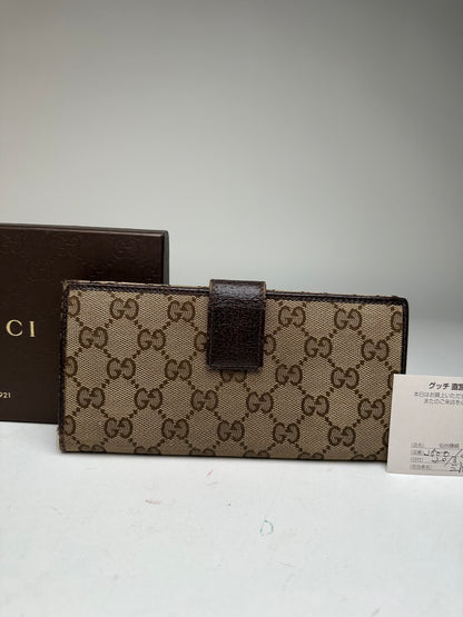 Vintage Gucci Canvas Leather Monogram Long Wallet Beige Brown