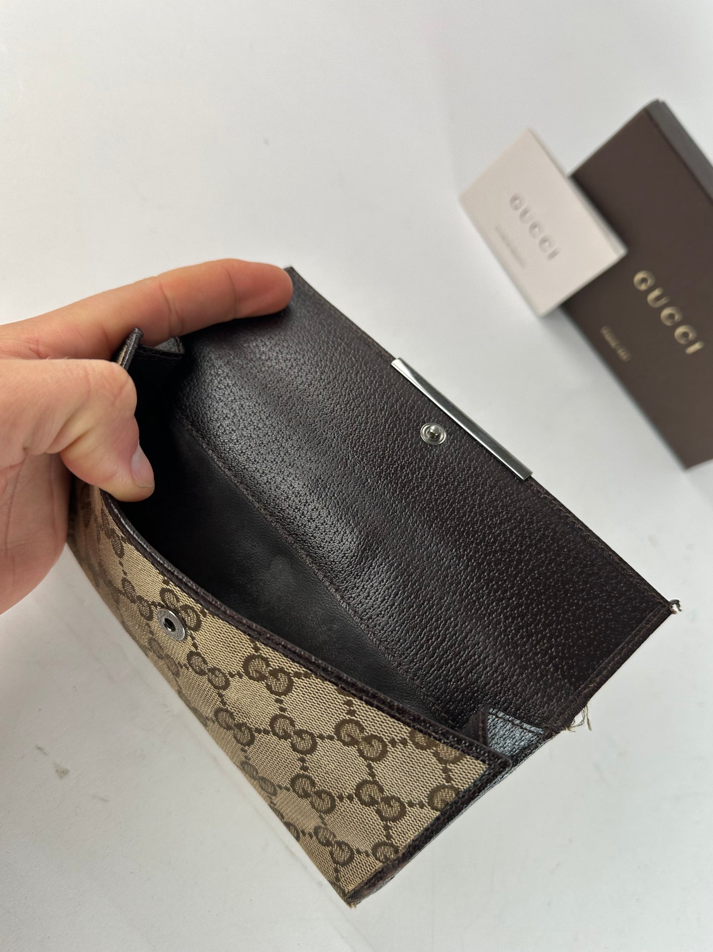 Vintage Gucci Canvas Leather Monogram Long Wallet Beige Brown