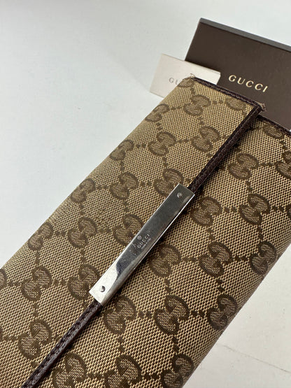 Vintage Gucci Canvas Leather Monogram Long Wallet Beige Brown