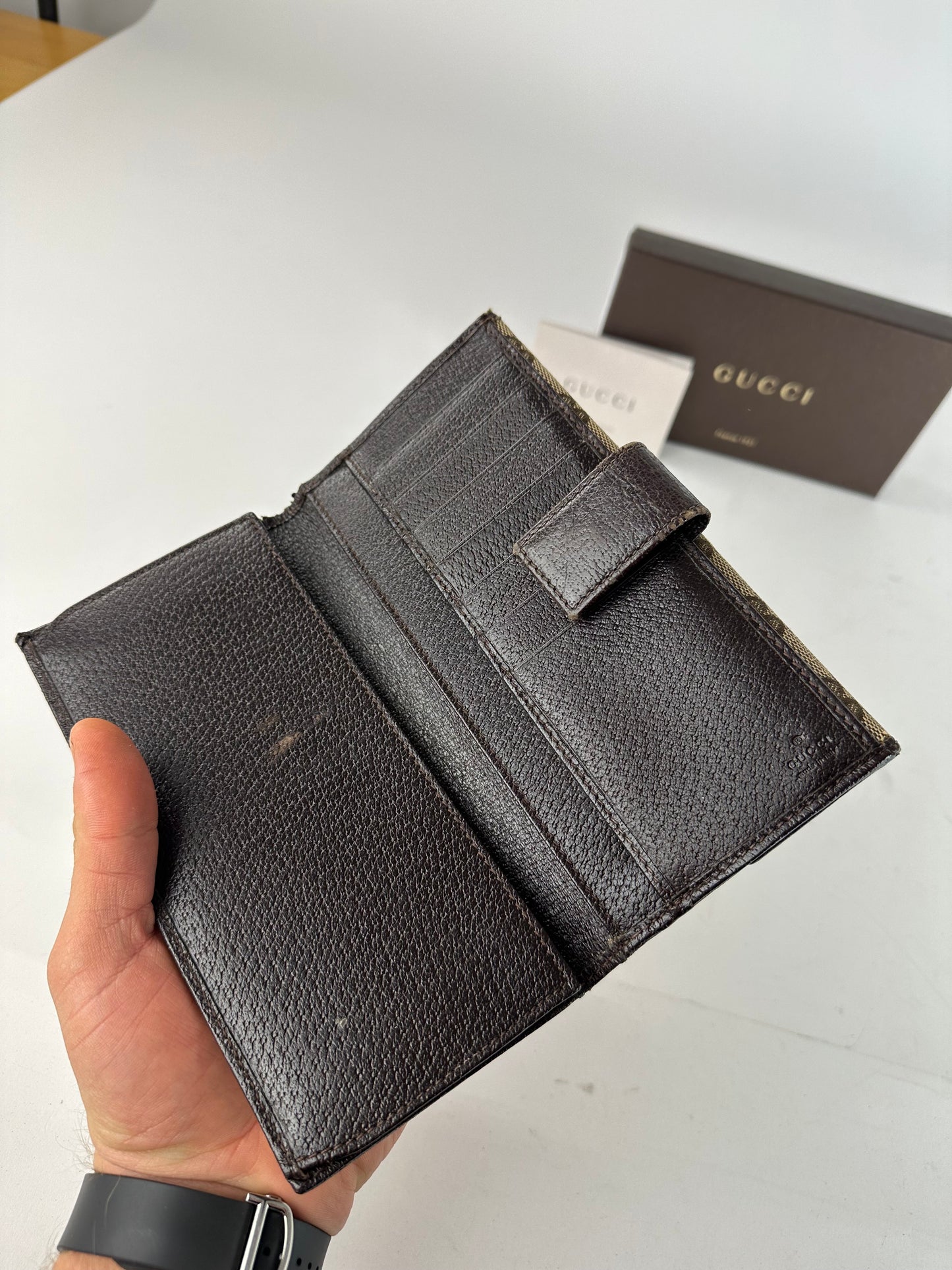 Vintage Gucci Canvas Leather Monogram Long Wallet Beige Brown