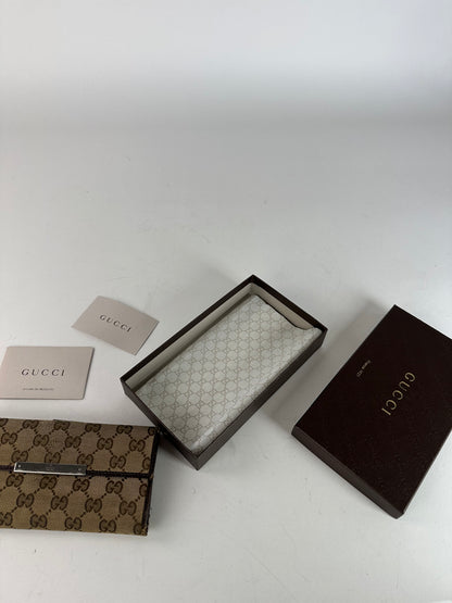 Vintage Gucci Canvas Leather Monogram Long Wallet Beige Brown