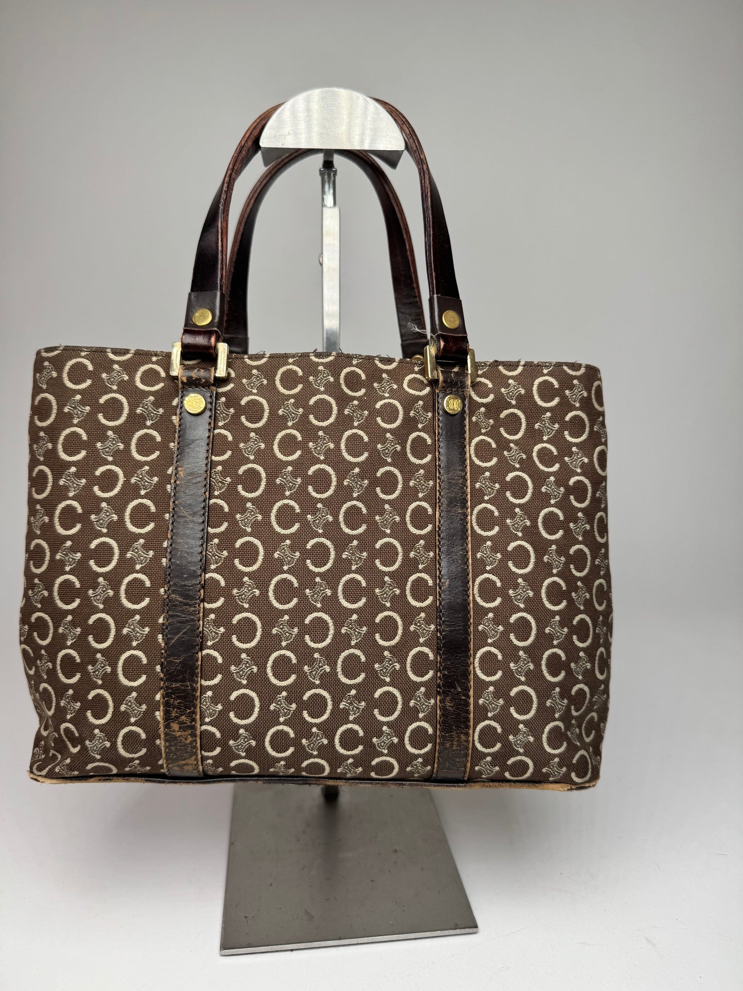 Vintage Celine Paris Monogram Handbag Brown Beige