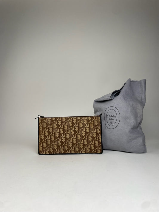 Vintage Dior Oblique Monogram Canvas Leather Clutch Brown beige