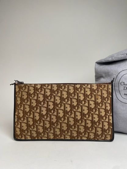 Vintage Dior Oblique Monogram Canvas Leather Clutch Brown beige