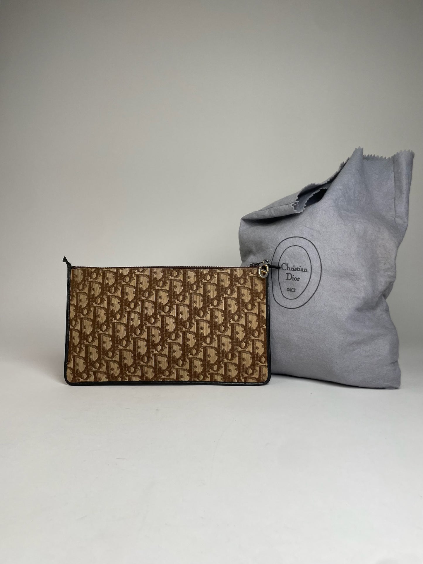 Vintage Dior Oblique Monogram Canvas Leather Clutch Brown beige