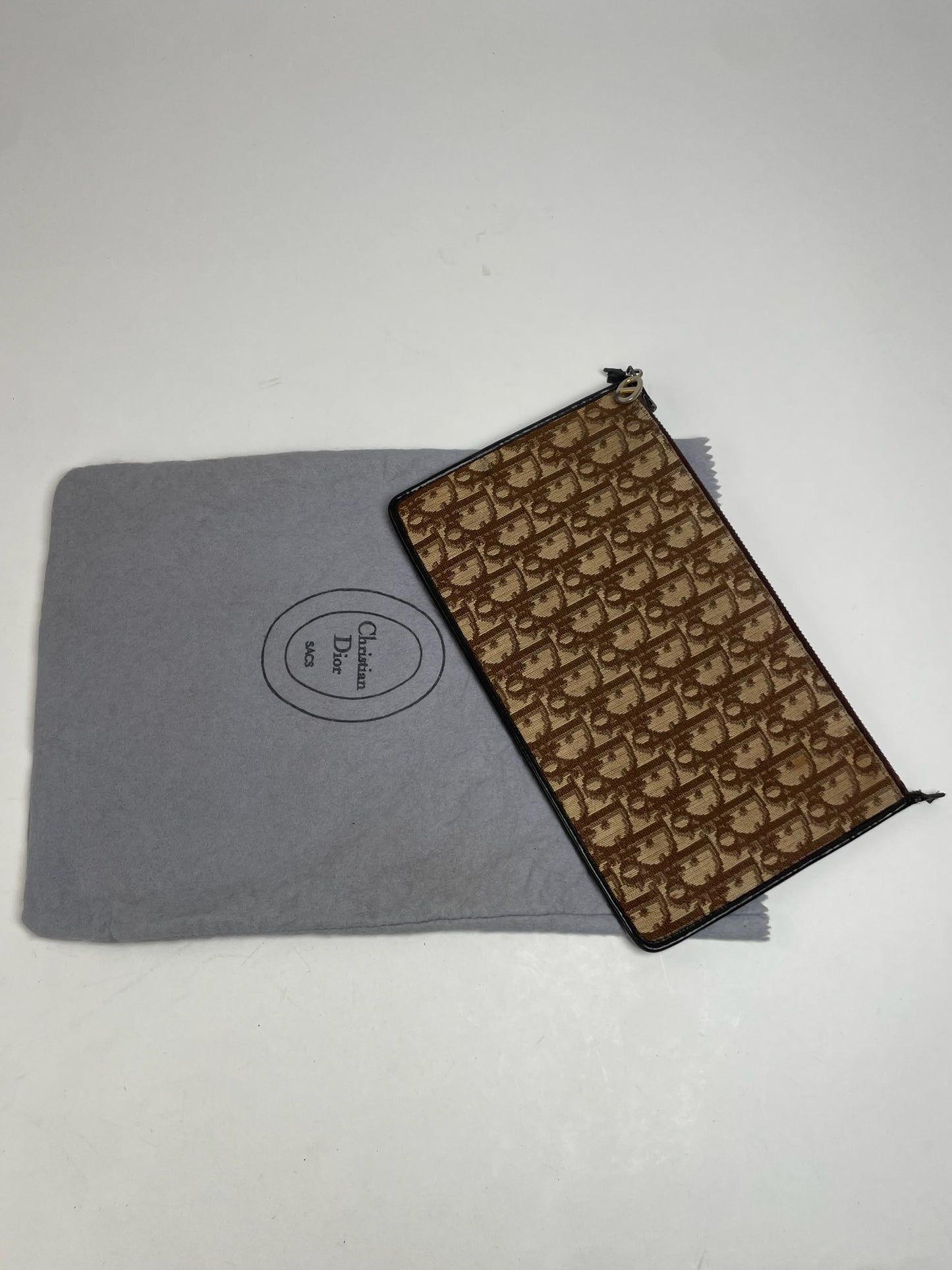Vintage Dior Oblique Monogram Canvas Leather Clutch Brown beige