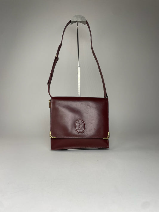 Vintage Cartier Leather Shoulder Bag Burgundy