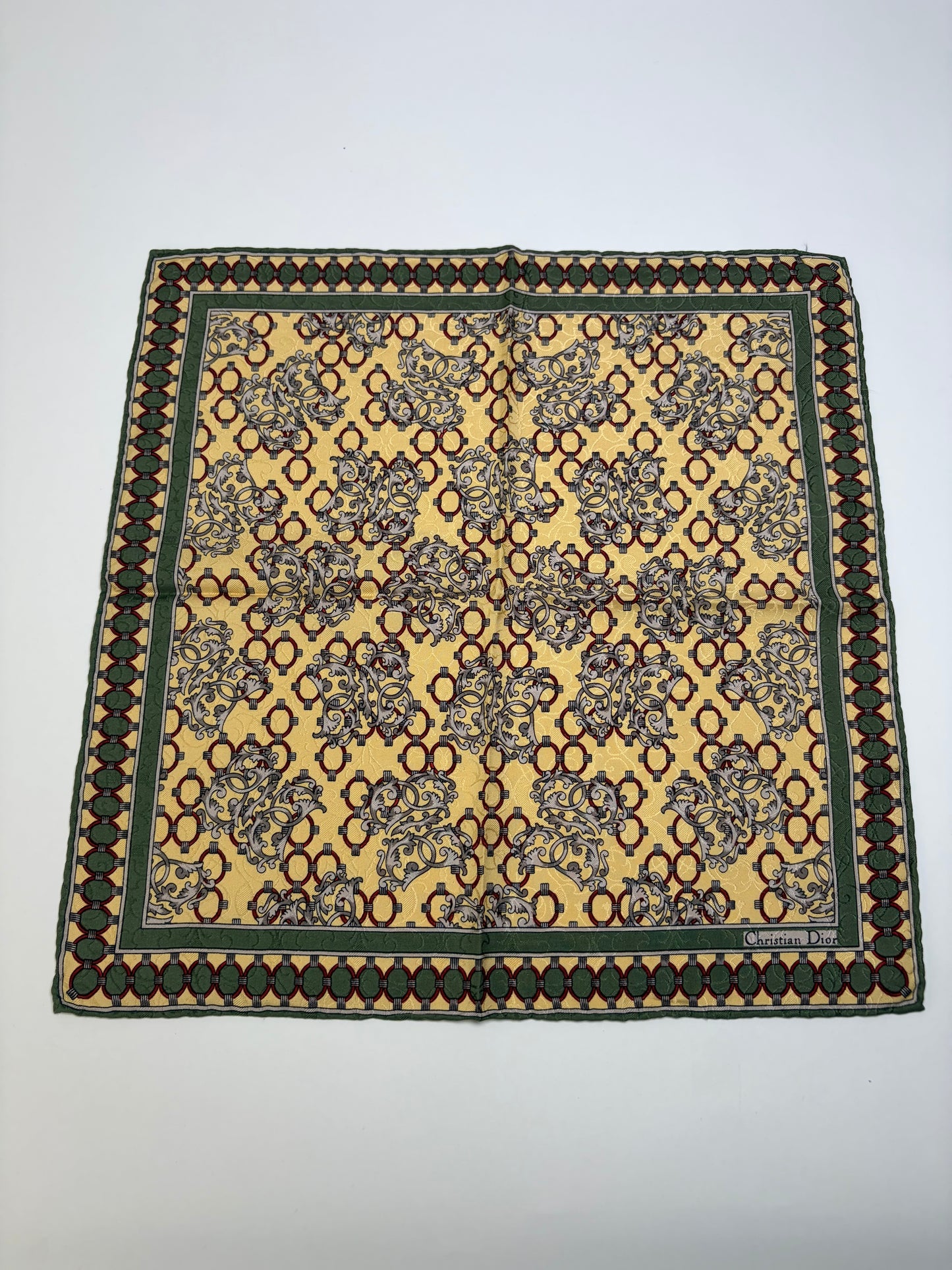 Vintage Dior Silk Scarf Floral Geometric Print Yellow Burgundy