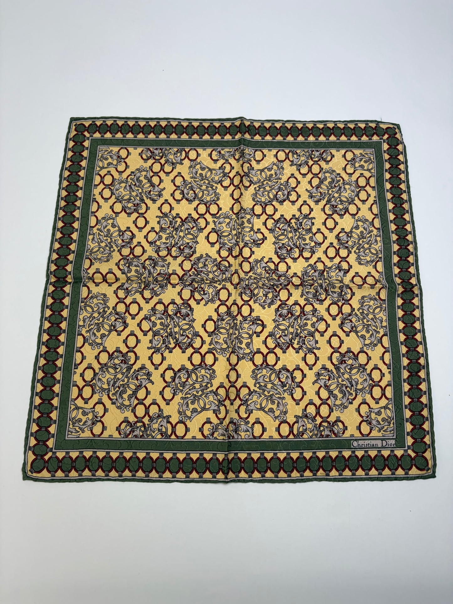 Vintage Dior Silk Scarf Floral Geometric Print Yellow Burgundy