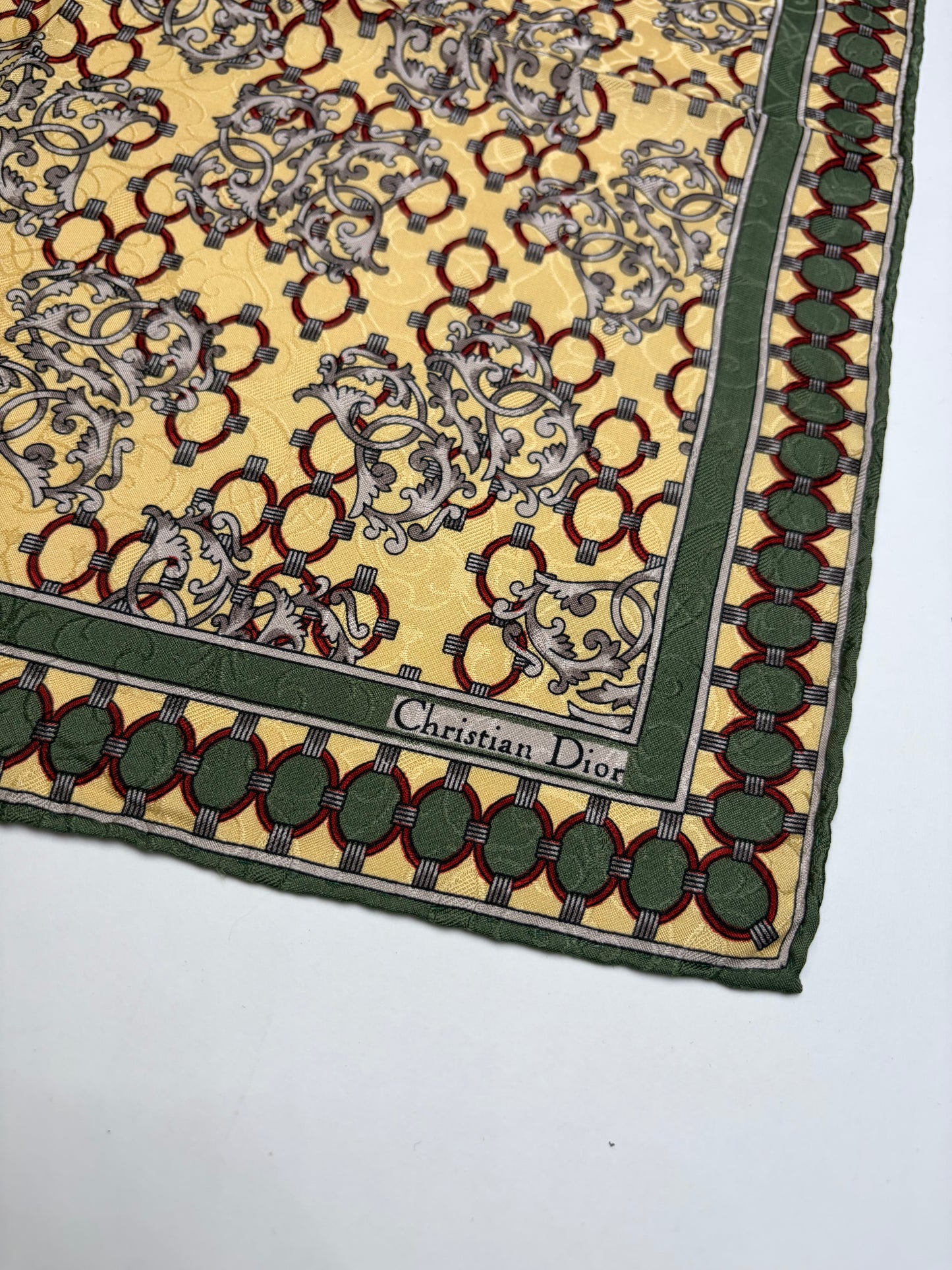 Vintage Dior Silk Scarf Floral Geometric Print Yellow Burgundy