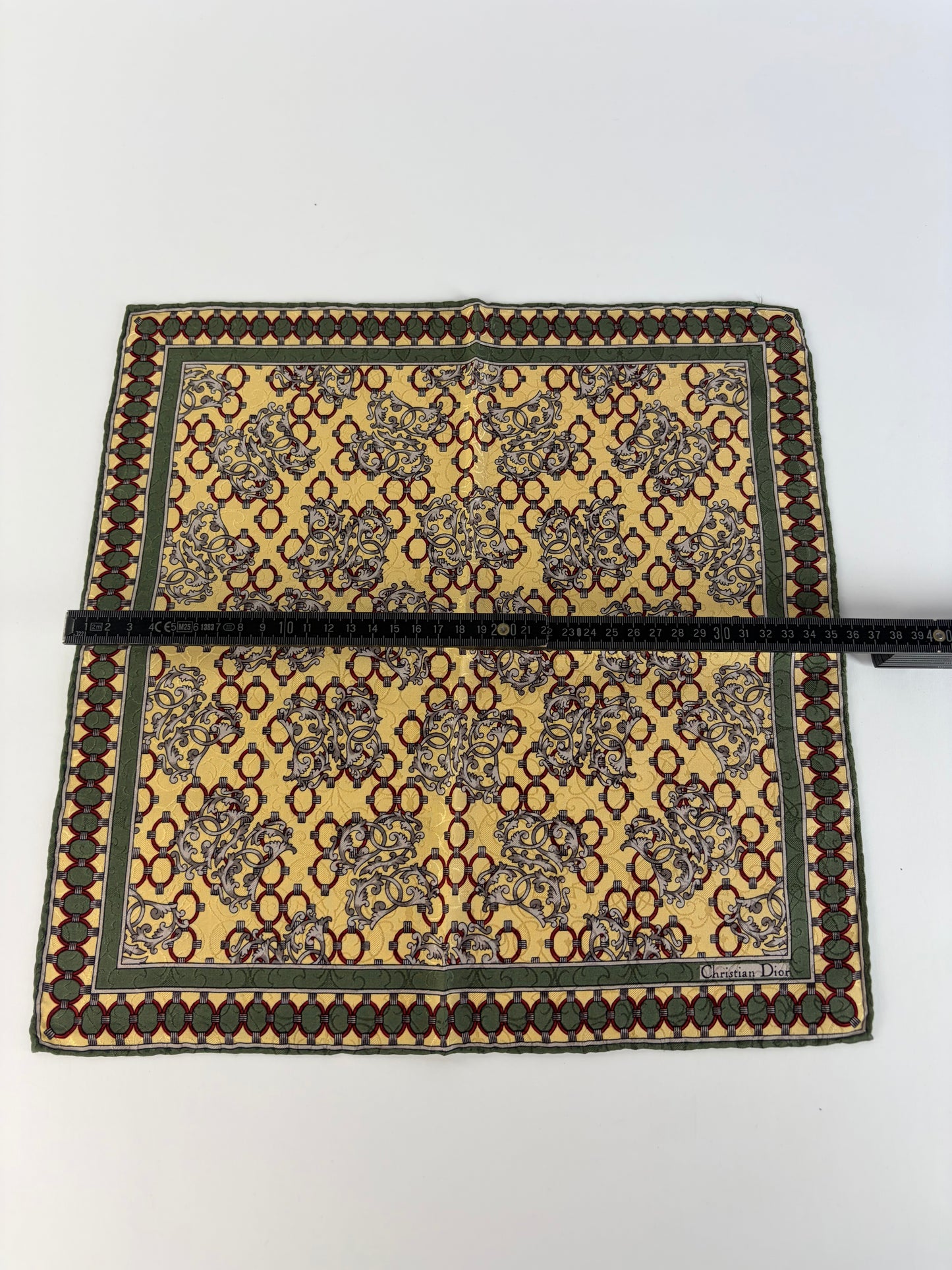 Vintage Dior Silk Scarf Floral Geometric Print Yellow Burgundy