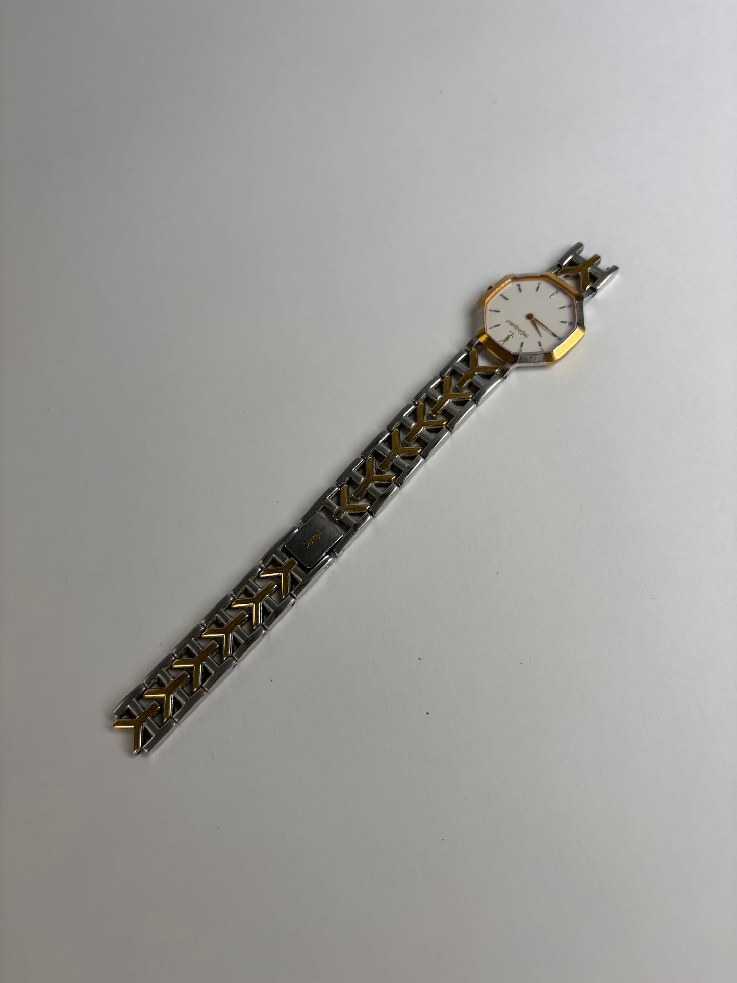 Vintage Yves Saint Laurent Octagonal Bracelet Watch Gold Silver