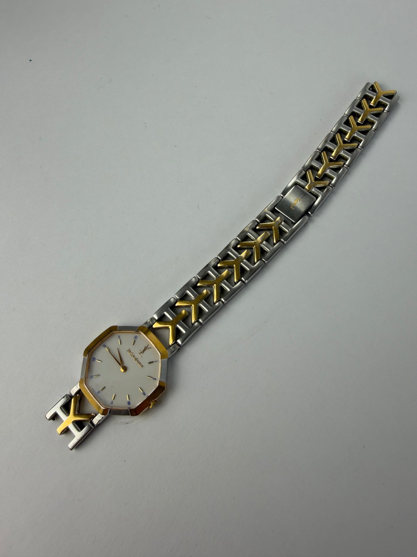 Vintage Yves Saint Laurent Octagonal Bracelet Watch Gold Silver