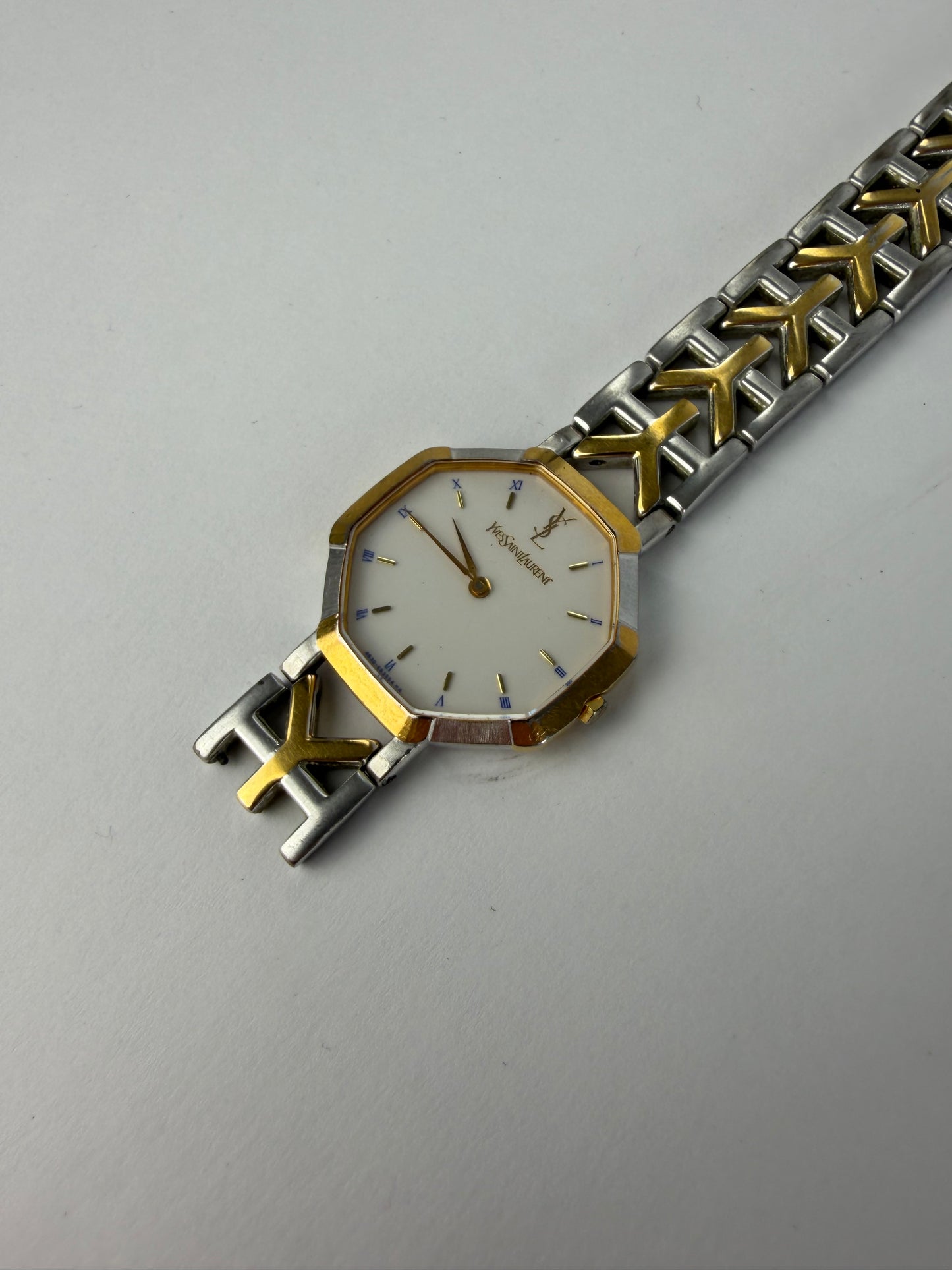 Vintage Yves Saint Laurent Octagonal Bracelet Watch Gold Silver