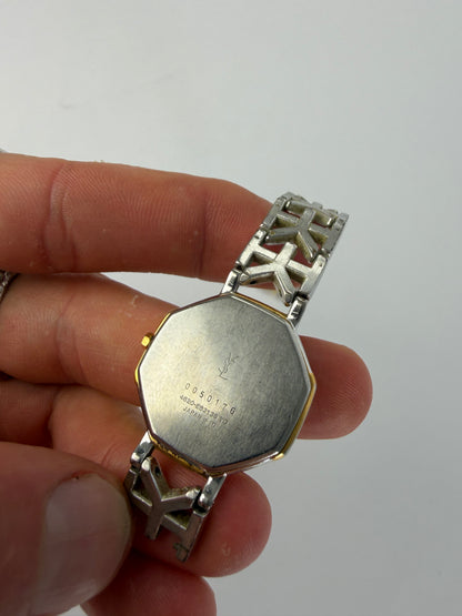 Vintage Yves Saint Laurent Octagonal Bracelet Watch Gold Silver