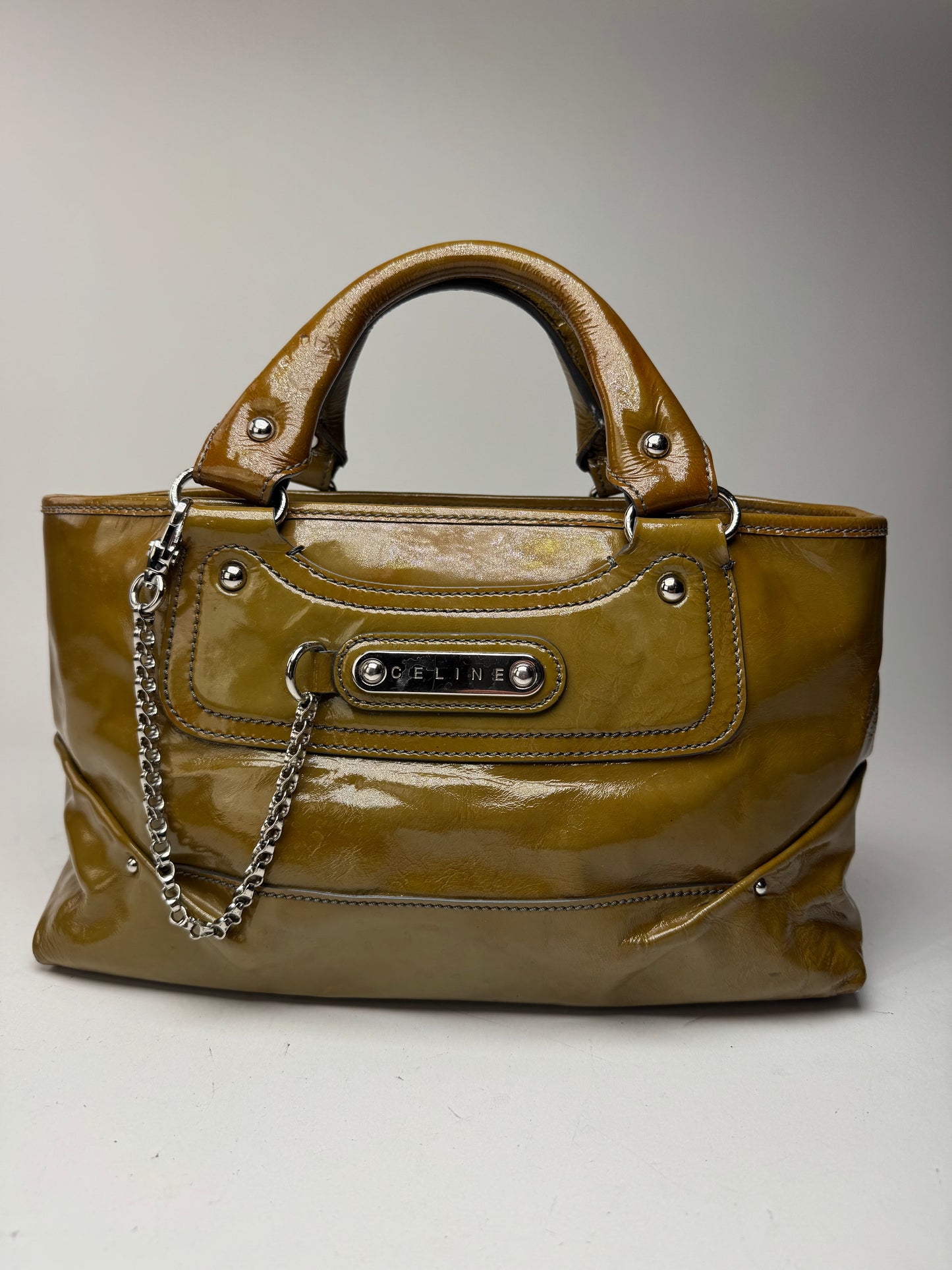 Sac vintage en cuir verni Céline Paris kaki