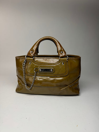 Sac vintage en cuir verni Céline Paris kaki