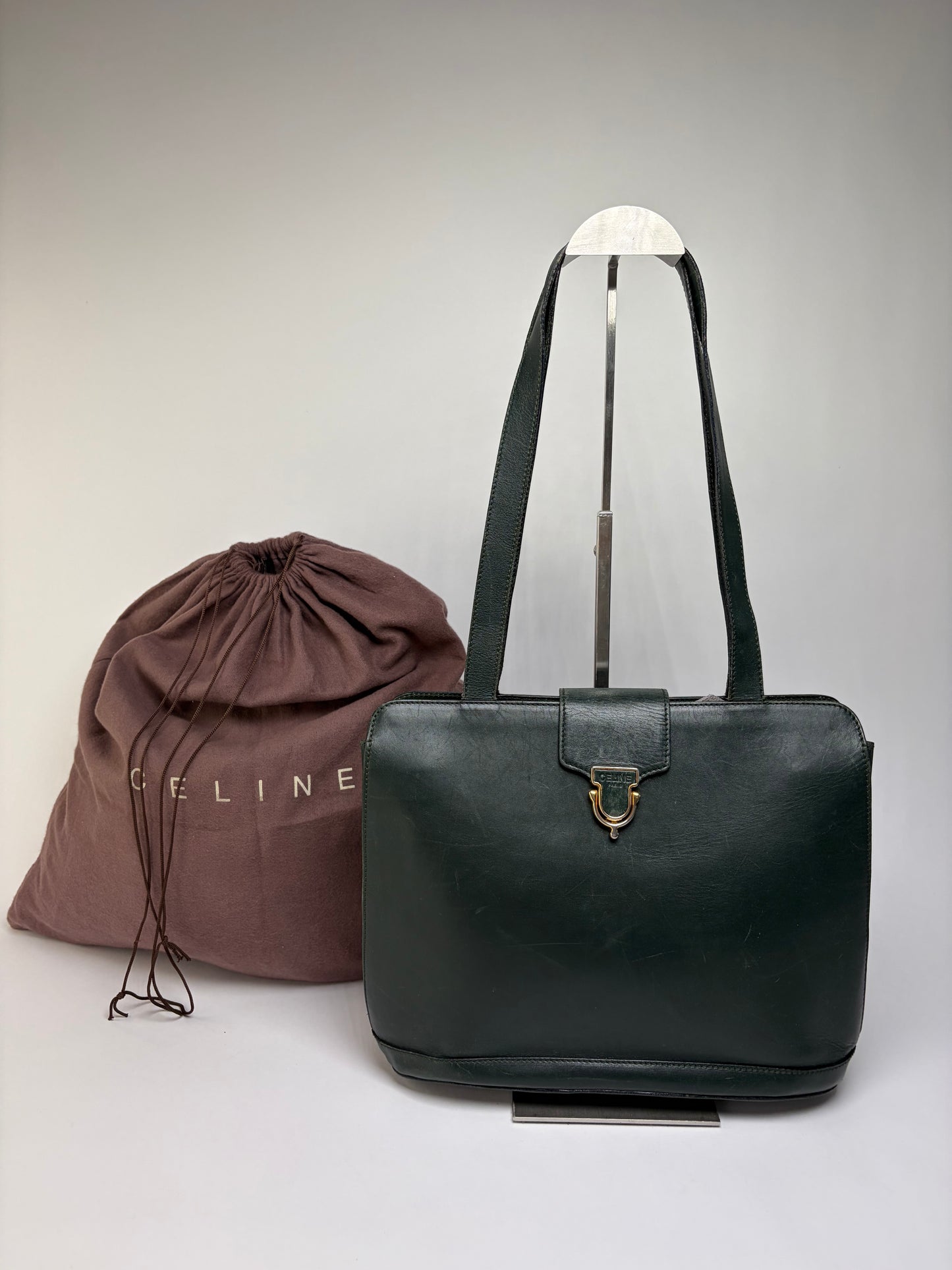Vintage Celine Structured Leather Top-Handle Bag c. 1996 Dark Green