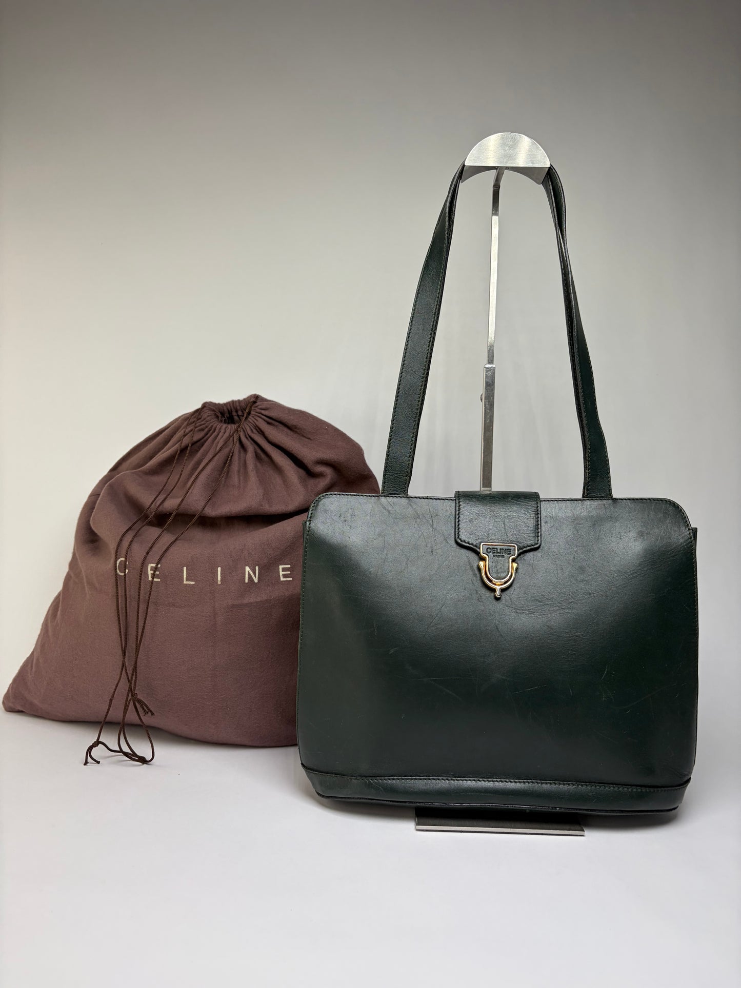 Vintage Celine Structured Leather Top-Handle Bag c. 1996 Dark Green