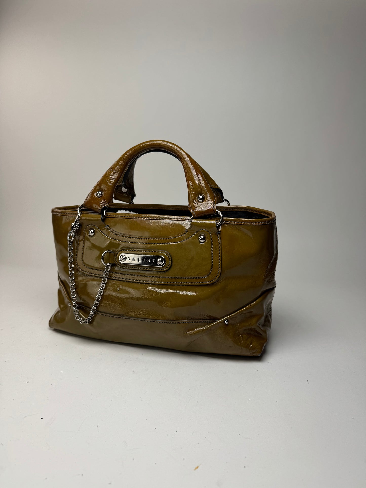 Sac vintage en cuir verni Céline Paris kaki