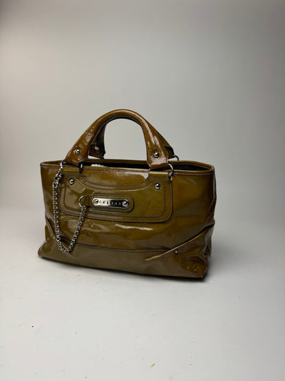 Sac vintage en cuir verni Céline Paris kaki