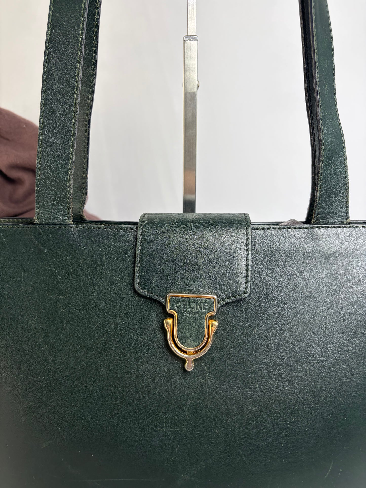 Vintage Celine Structured Leather Top-Handle Bag c. 1996 Dark Green